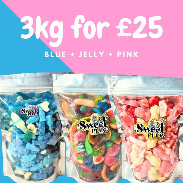 3KG for £25! 1kg Blue + 1kg Jelly + 1kg Pink Candy Sweet Bags