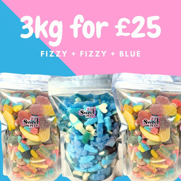 3kg for £25! 1kg Fizzy + 1kg Fizzy + 1kg Blue Candy Sweet Bags