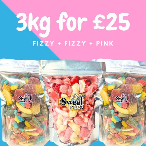 3kg for £25! 1kg Fizzy + 1kg Fizzy + 1kg Pink Candy Sweet Bags