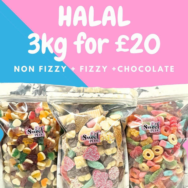 HALAL 3kg For £20!! 1kg Fizzy+ 1kg Non Fizzy + 1kg Chocolate Sweets Mix