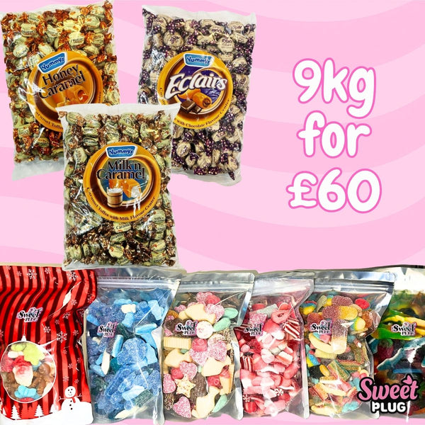 9KG - Jelly + Fizzy + Blue + Pink + Chocolate + Xmas mix + Eclairs + Honey Caramel + Milk n Caramel Sweet Bundle