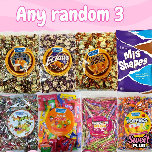 Any random selection of 3 for £20 - Cadbury Mishapes, Eclairs, Toffees, Magic Chews, Mega Stix Candy Sweet Bags