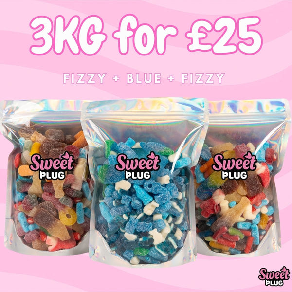 3kg for £25! 1kg Fizzy + 1kg Fizzy + 1kg Blue Candy Sweet Bags