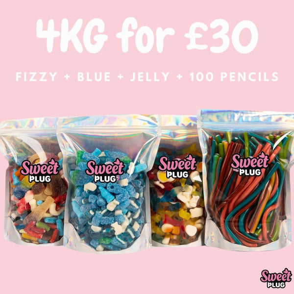 4kg Sweet Bundle - 1kg Fizzy + 1kg Blue + 1kg Jelly + 100 Pencils Sweet Candy