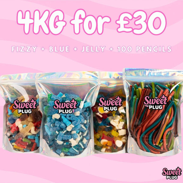 4kg Sweet Bundle - 1kg Fizzy + 1kg Blue + 1kg Jelly + 100 Pencils Sweet Candy