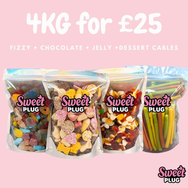 4kg Sweet Bundle - 1kg Fizzy + 1kg Chocolate + 1kg Jelly + 1kg Dessert Cables