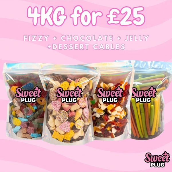 4kg Sweet Bundle - 1kg Fizzy + 1kg Chocolate + 1kg Jelly + 1kg Dessert Cables