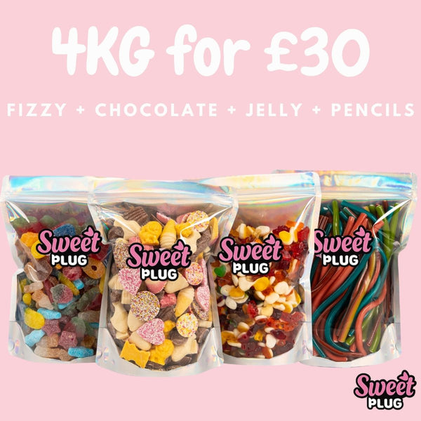 4kg Sweet Bundle - 1kg Fizzy + 1kg Chocolate + 1kg Jelly + 100 Pencils Sweet Candy