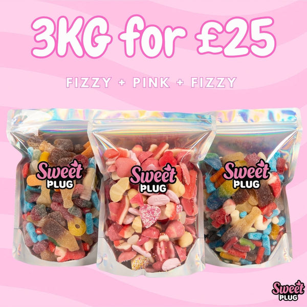 3kg for £25! 1kg Fizzy + 1kg Fizzy + 1kg Pink Candy Sweet Bags