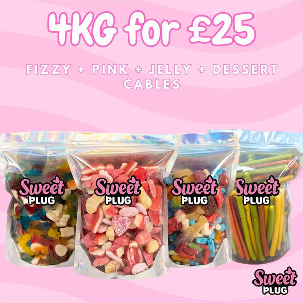 4kg Sweet Bundle - 1kg Fizzy + 1kg Pink + 1kg Jelly + 1kg Dessert Cables