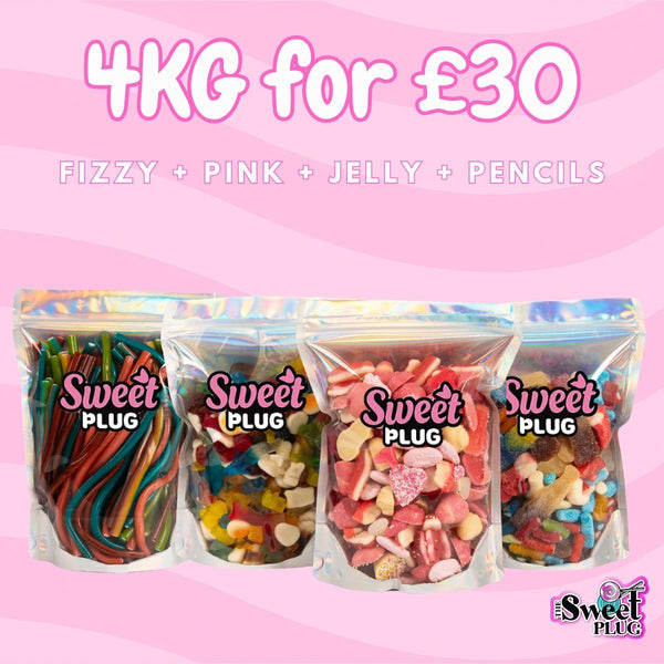 4kg Sweet Bundle - 1kg Fizzy + 1kg Pink + 1kg Jelly + 100 Pencils Sweet Candy