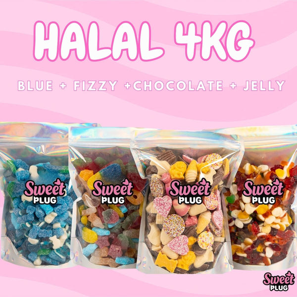 HALAL 4kg! 1kg Fizzy+ 1kg Non Fizzy + 1kg Chocolate Sweets Mix + 1kg Blue Mix