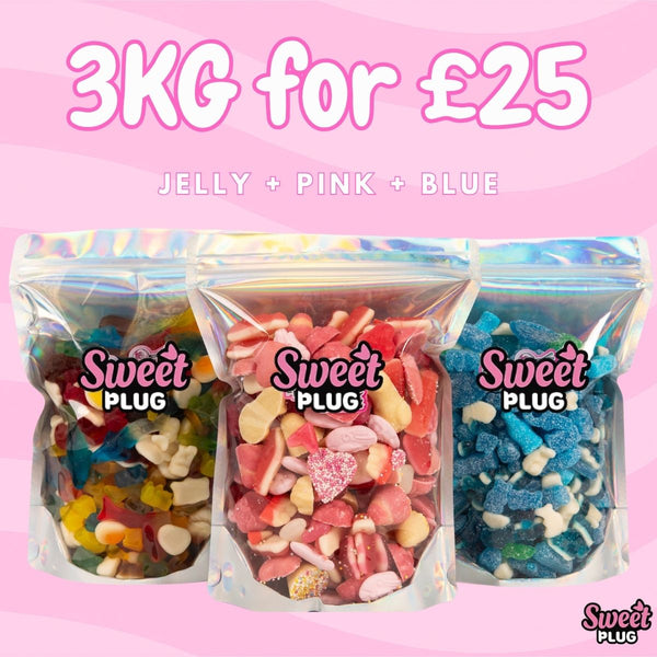 3KG for £25! 1kg Blue + 1kg Jelly + 1kg Pink Candy Sweet Bags