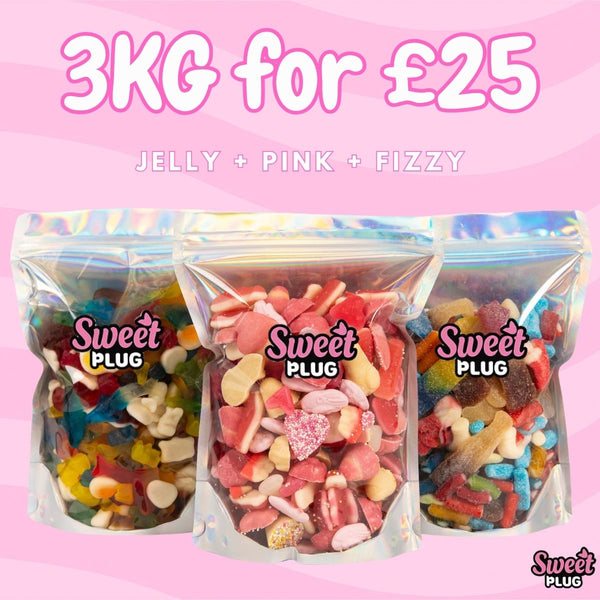 3KG FOR £25! 1kg Fizzy + 1kg Jelly + 1kg Pink Mix Snack Candy